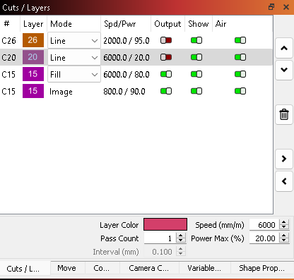 layers and cuts settings