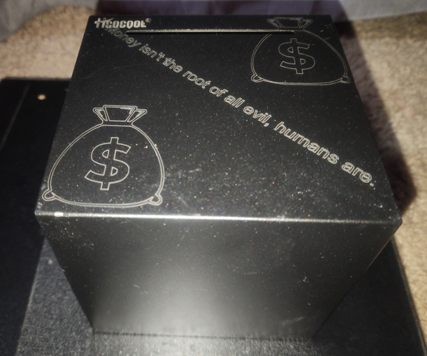 black anodized metal saving box with laser engraving