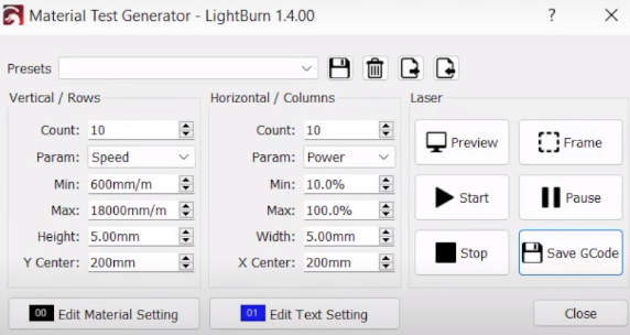 lightburn materials test generator